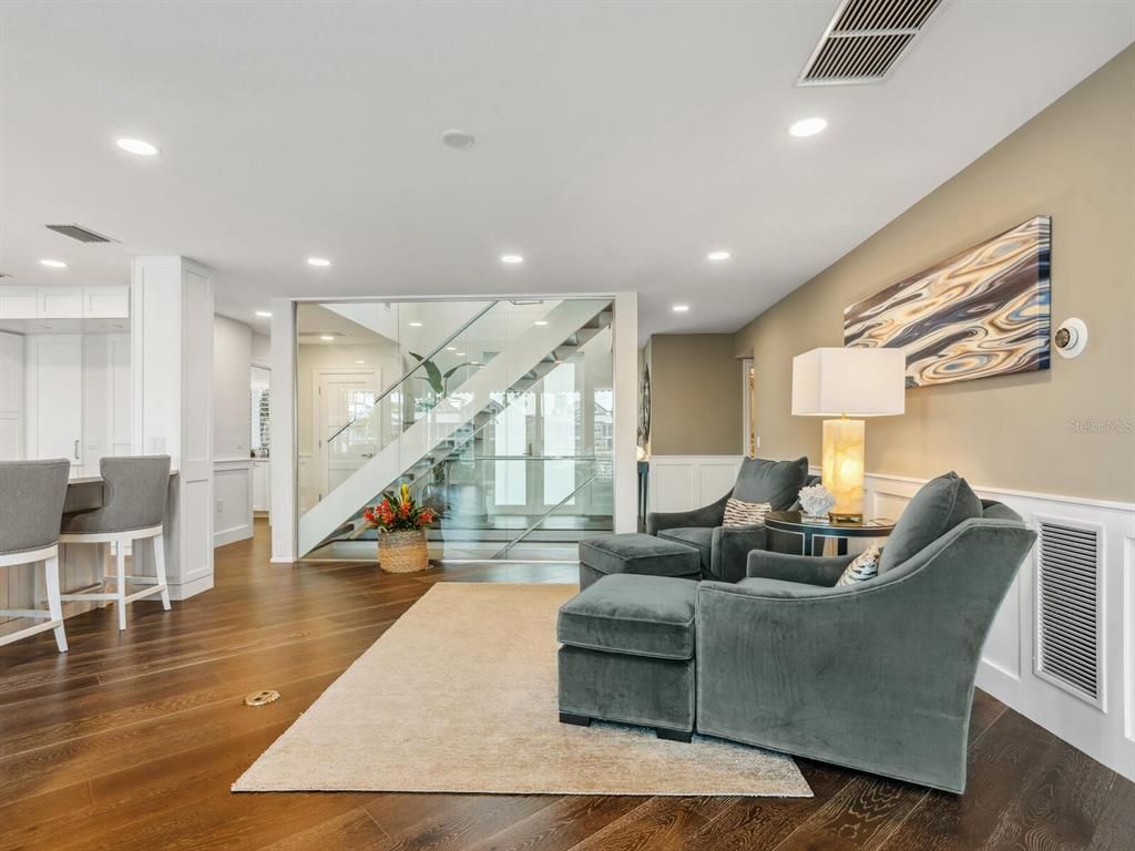 Interior, Living room, Recessed Lighting, Wood Texture Flooring