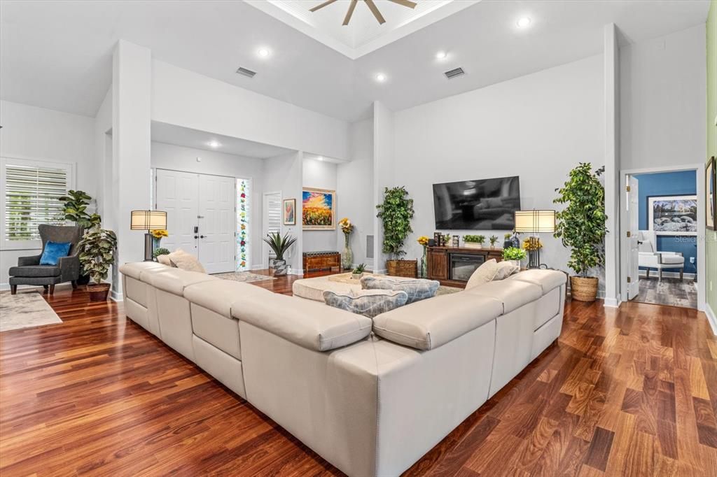 Fireplace, Interior, Living room, Recessed Lighting, Wood Texture Flooring