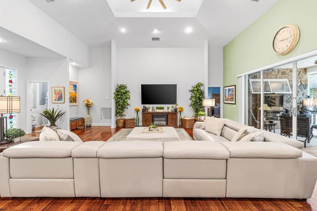 Fireplace, Interior, Living room, Recessed Lighting, Wood Texture Flooring