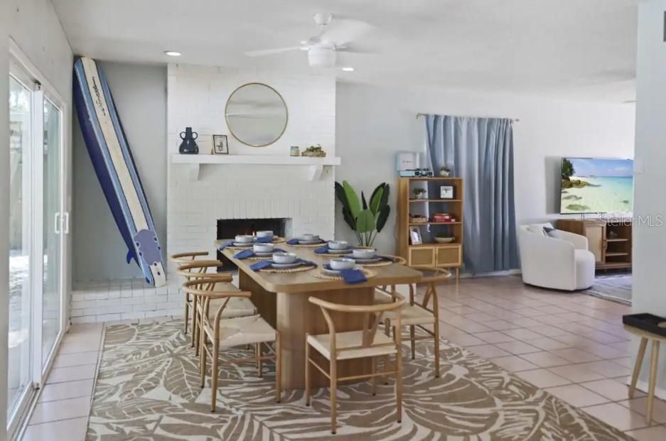 Dining room, Fireplace, Interior, Recessed Lighting