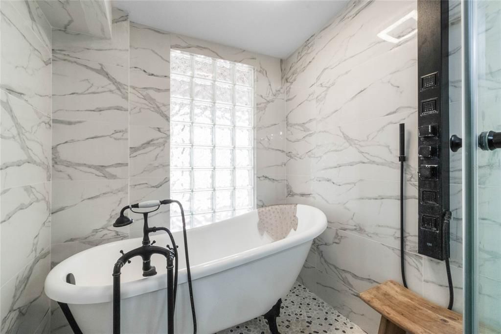 Bathroom, Free Standing Baths, Glass Shower, Interior, Marble Walls