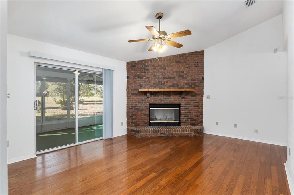 Empty room, Fireplace, Interior, Stone Walls, Wood Texture Flooring