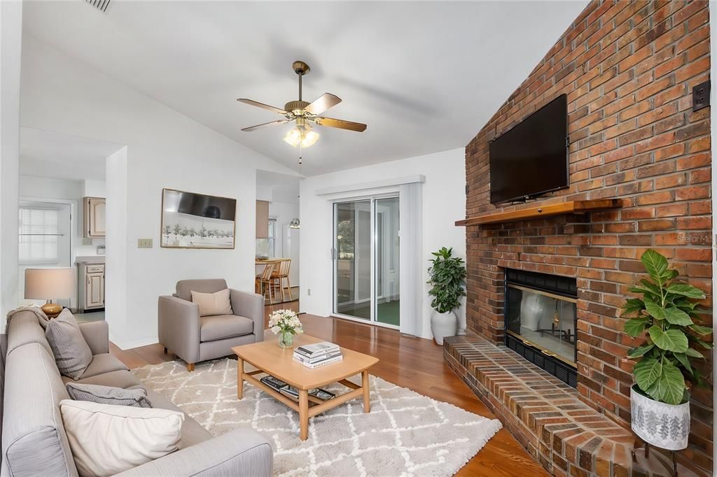 Fireplace, Interior, Living room, Stone Walls, Wood Texture Flooring