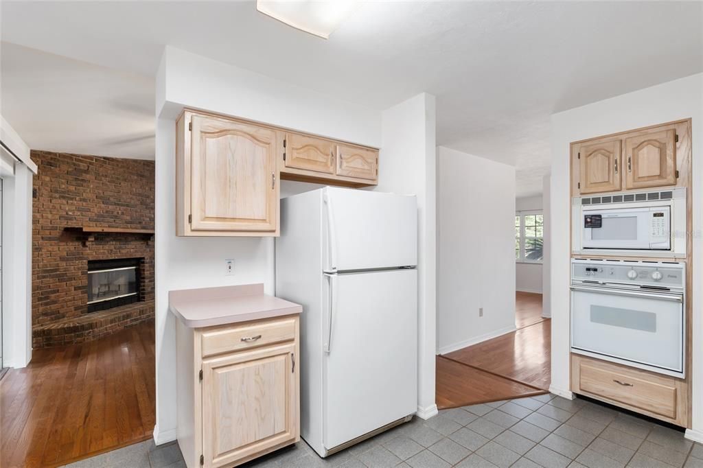 Fireplace, Interior, Kitchen, Stone Walls, Wood Texture Flooring