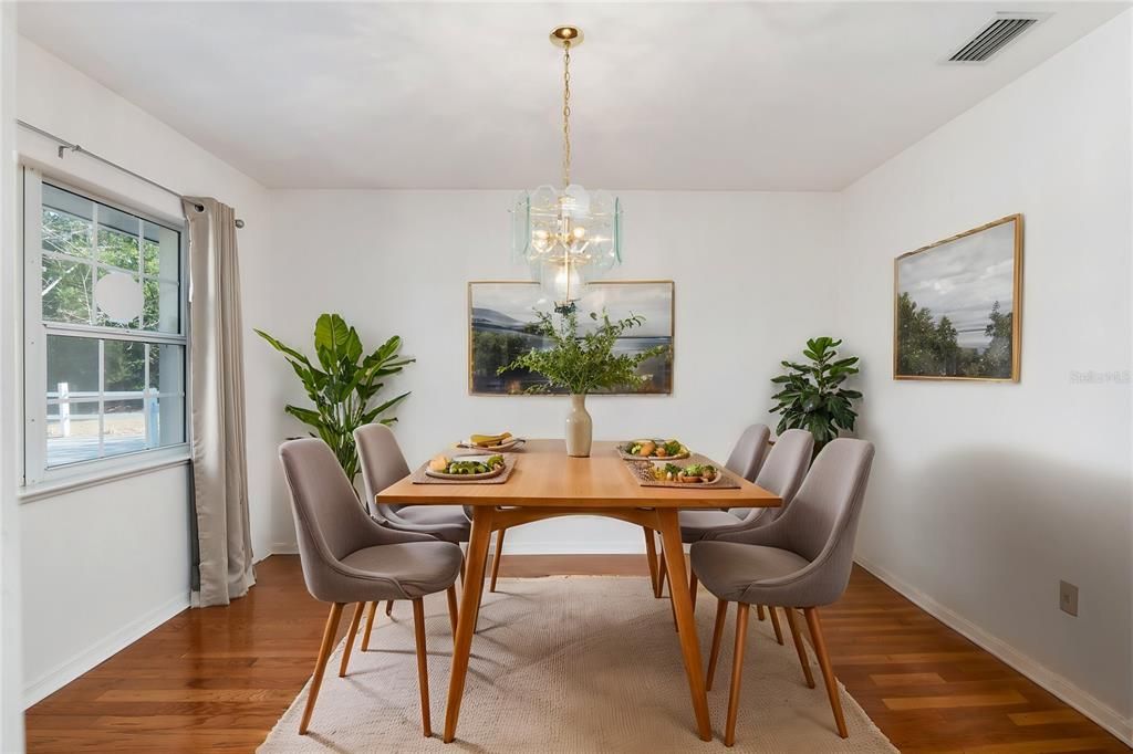 Dining room, Interior, Pendant Lights, Wood Texture Flooring