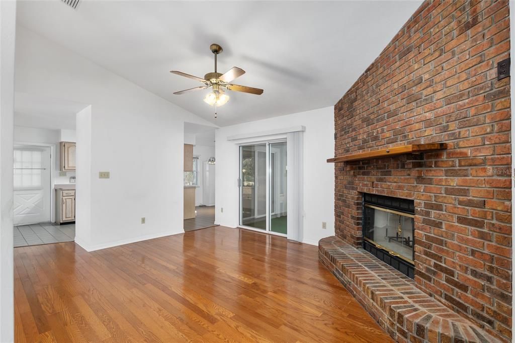 Empty room, Fireplace, Interior, Stone Walls, Wood Texture Flooring