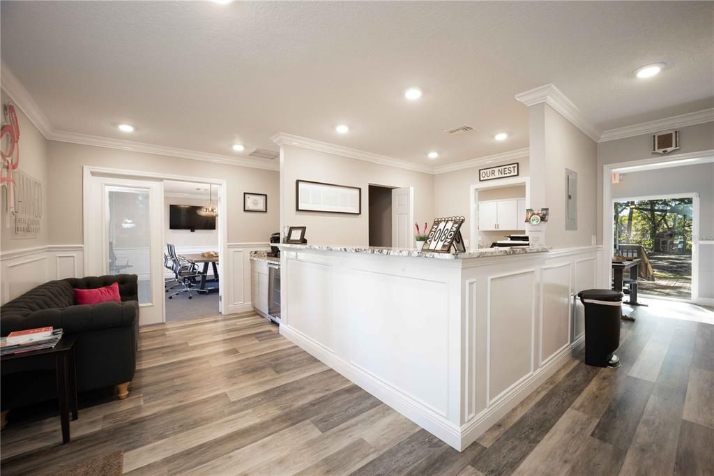 Dining room, Interior, Kitchen, Living room, Recessed Lighting, Wood Texture Flooring