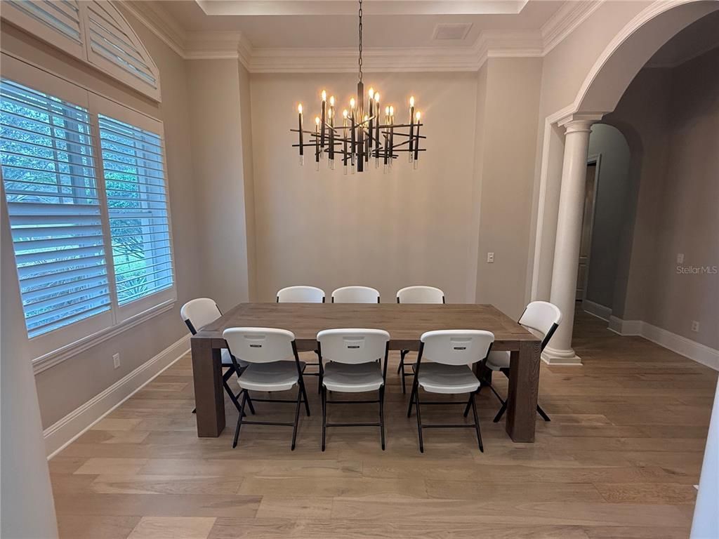 Chandelier, Dining room, Interior, Pendant Lights, Wood Texture Flooring