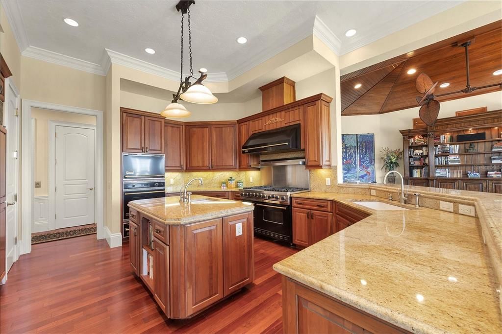 Interior, Kitchen, Pendant Lights, Recessed Lighting, Stainless Steel Appliances, Wooden Ceilings, Wood Texture Flooring