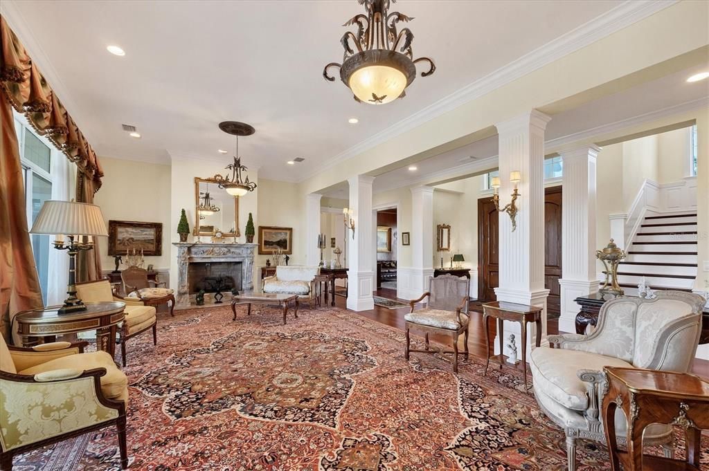 Fireplace, Interior, Living room, Pendant Lights, Recessed Lighting, Wood Texture Flooring