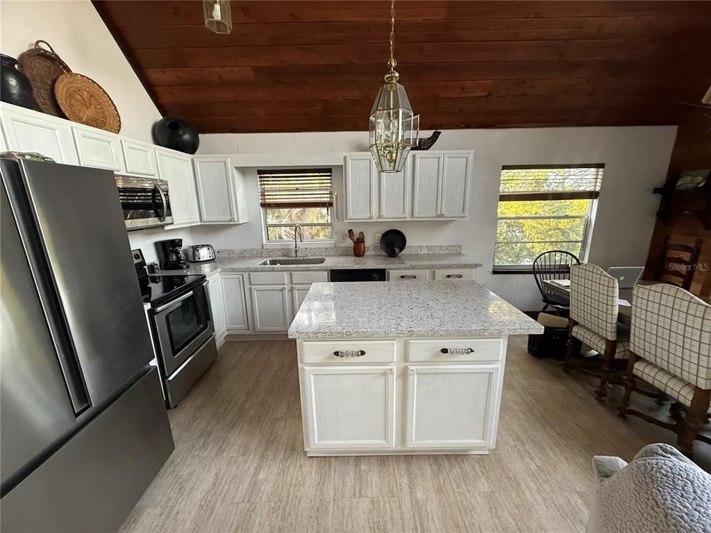 Interior, Kitchen, Pendant Lights, Wooden Ceilings, Wood Texture Flooring