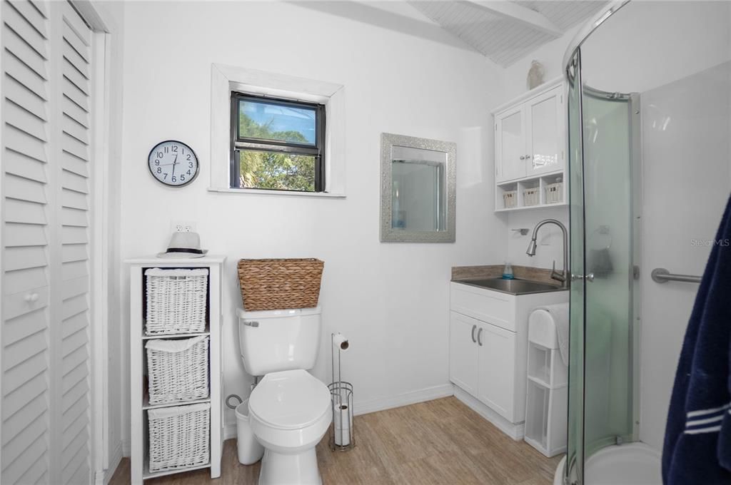 Bathroom, Glass Shower, Interior, Wood Texture Flooring