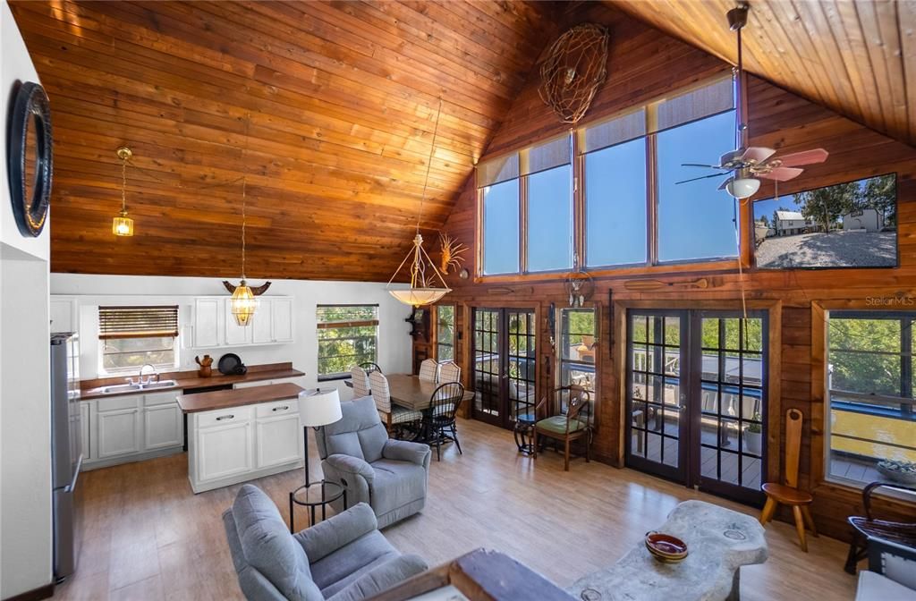 Dining room, Interior, Kitchen, Pendant Lights, Wooden Ceilings, Wood Texture Flooring, Wooden Walls