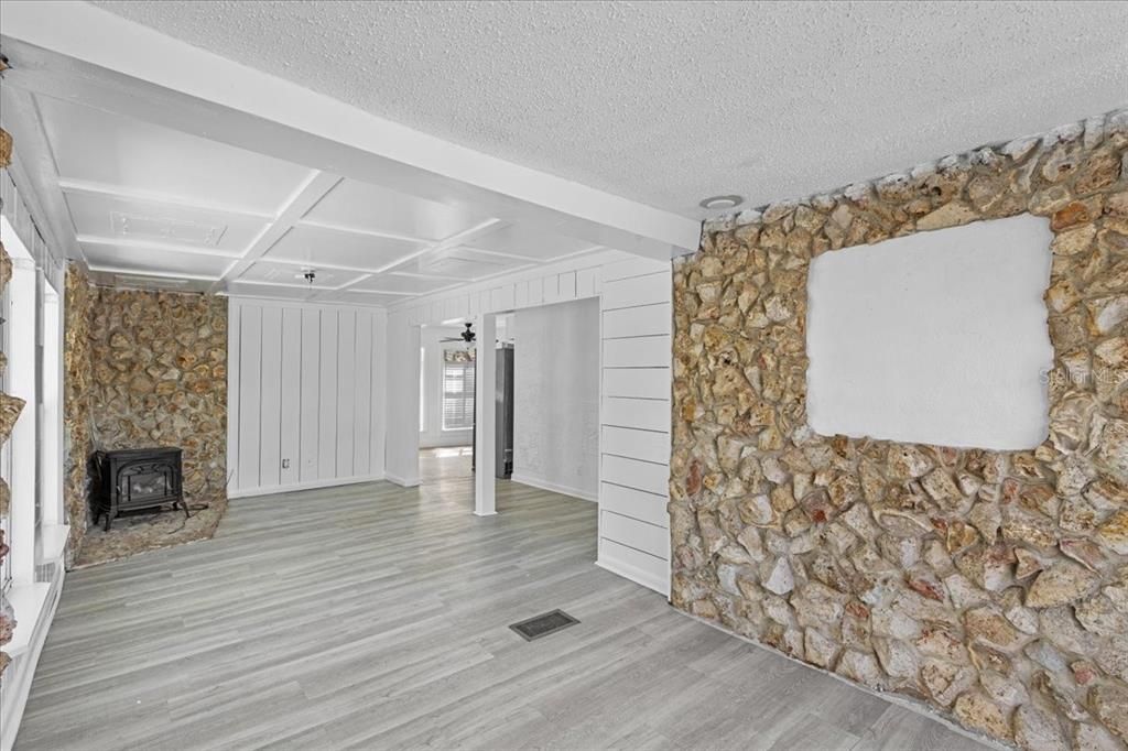 Empty room, Fireplace, Interior, Stone Walls, Wood Texture Flooring