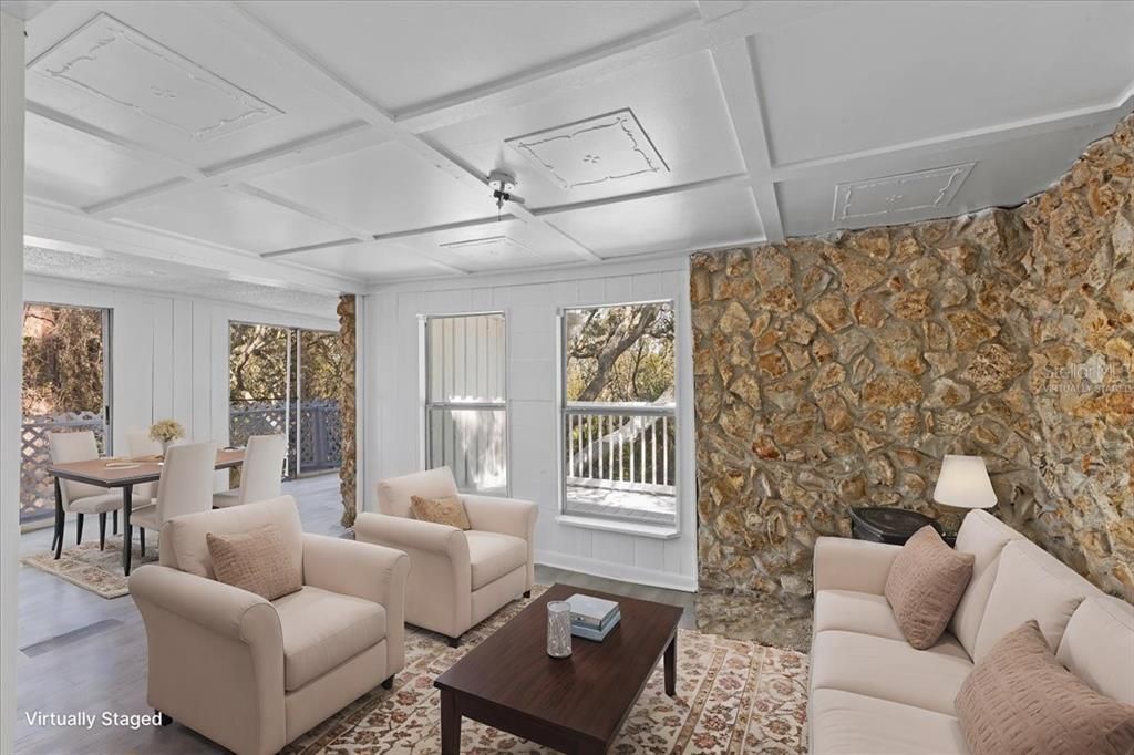 Dining room, Interior, Living room, Stone Walls, Wood Texture Flooring