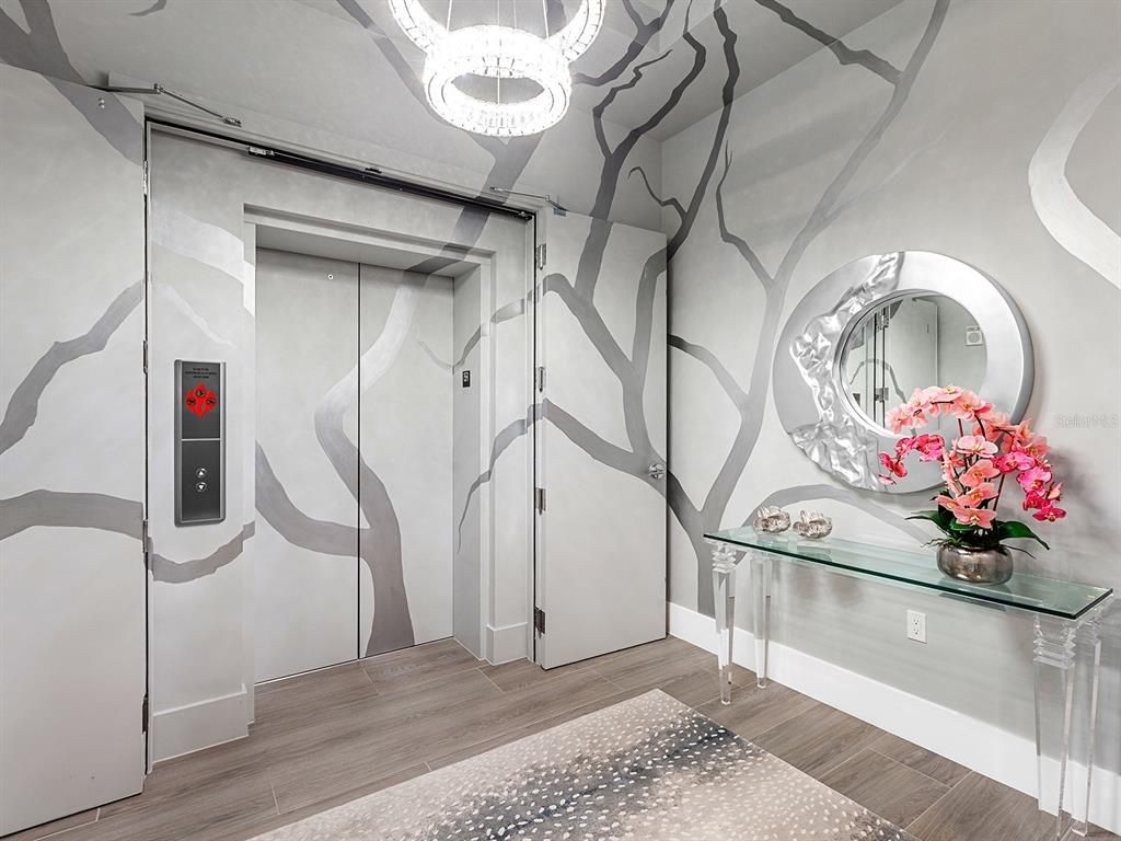 Chandelier, Elevator, Interior, Pendant Lights, Wood Texture Flooring