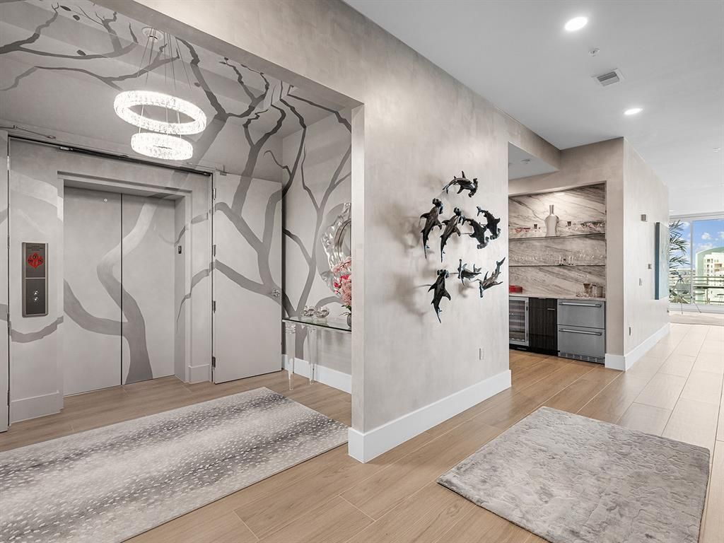 Elevator, Interior, Pendant Lights, Recessed Lighting, Wood Texture Flooring