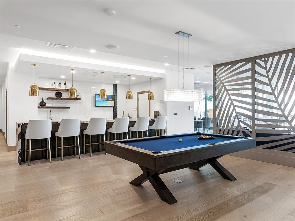 Billiard Table, Game Room, Interior, Pendant Lights, Recessed Lighting, Wood Texture Flooring