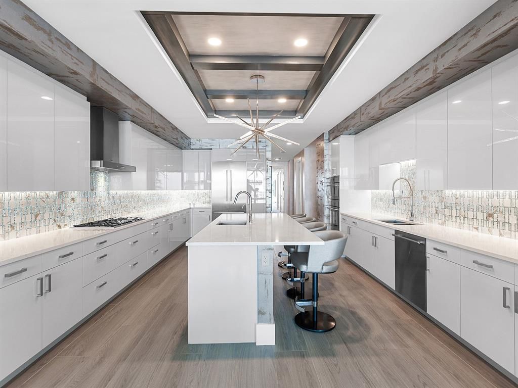 Interior, Kitchen, Pendant Lights, Recessed Lighting, Stainless Steel Appliances, Wooden Ceilings, Wood Texture Flooring