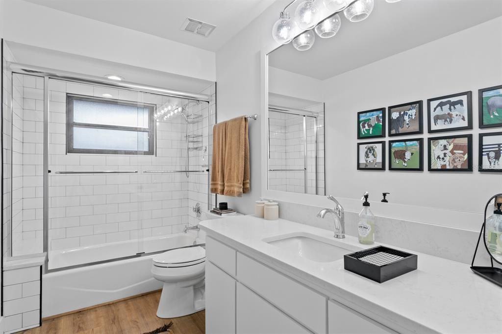 Bathroom, Glass Shower, Interior, Recessed Lighting, Wood Texture Flooring