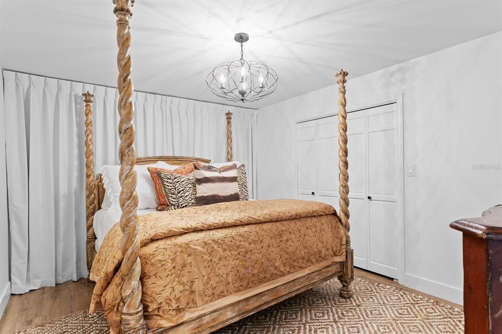Bedroom, Chandelier, Interior, Wood Texture Flooring