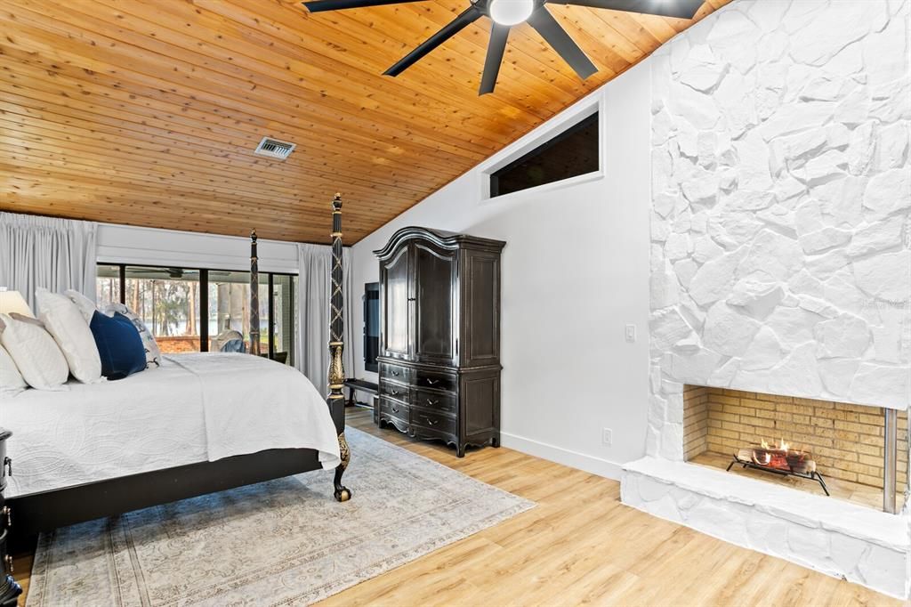 Bedroom, Fireplace, Interior, Stone Walls, Wooden Ceilings, Wood Texture Flooring