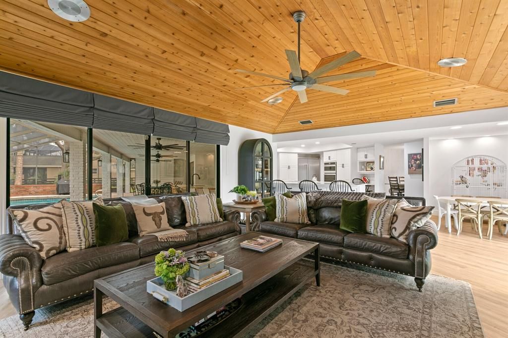 Dining room, Interior, Living room, Recessed Lighting, Wooden Ceilings, Wood Texture Flooring