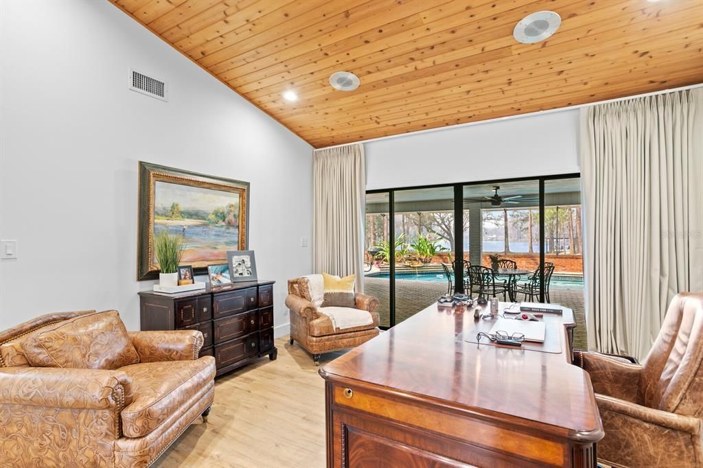 Home Office, Interior, Recessed Lighting, Wooden Ceilings, Wood Texture Flooring