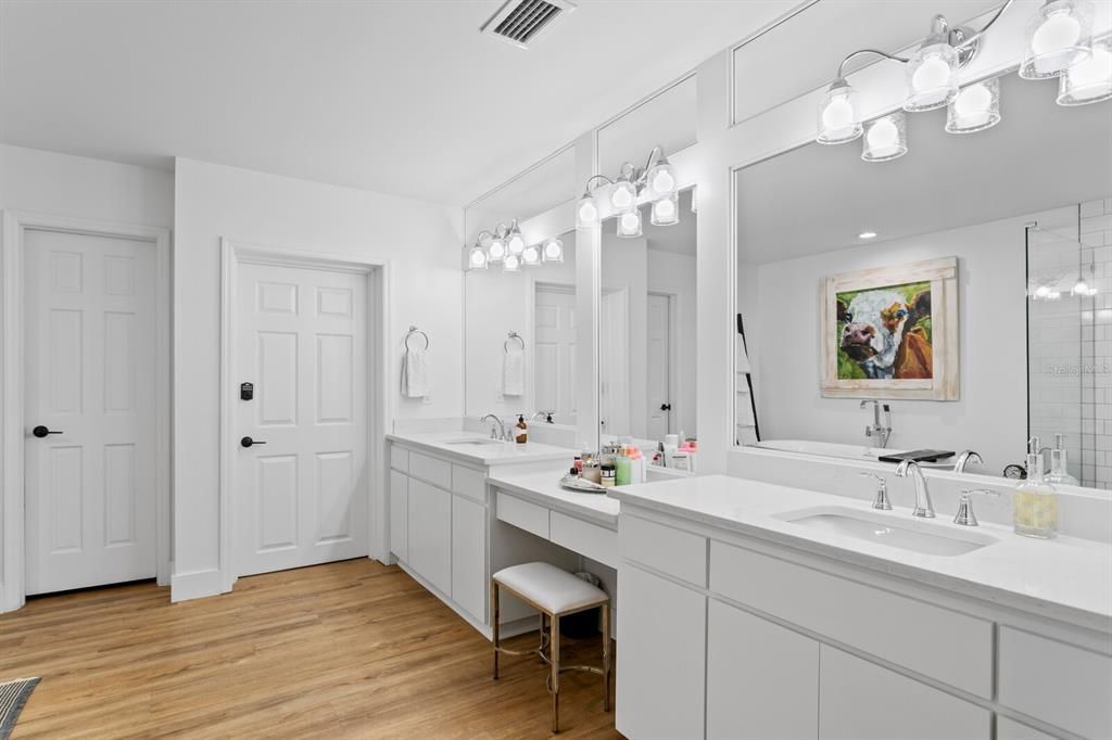 Bathroom, Dual Sink Vanities, Interior, Wood Texture Flooring
