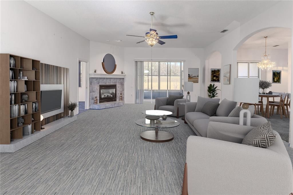 Chandelier, Dining room, Fireplace, Interior, Living room