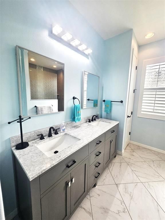 Bathroom, Dual Sink Vanities, Interior, Marble, Recessed Lighting
