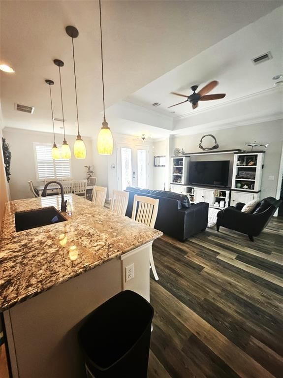 Interior, Living room, Pendant Lights, Recessed Lighting, Wood Texture Flooring