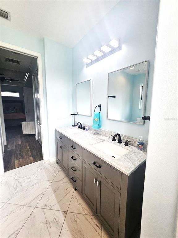 Bathroom, Dual Sink Vanities, Interior, Marble, Wood Texture Flooring