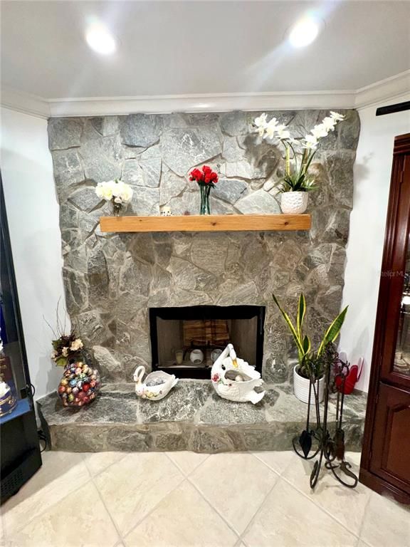 Fireplace, Interior, Recessed Lighting, Stone Walls