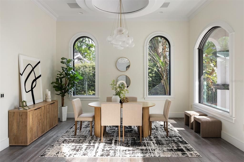 Dining room, Interior, Pendant Lights, Recessed Lighting, Wood Texture Flooring