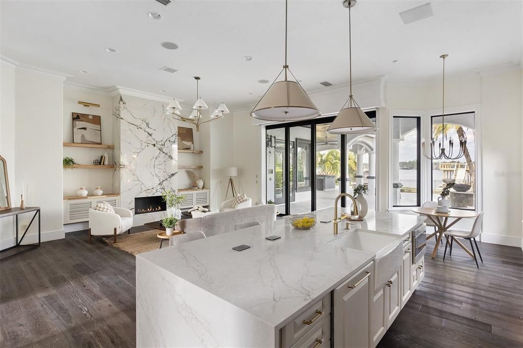 Dining room, Fireplace, Interior, Kitchen, Living room, Pendant Lights, Recessed Lighting, Wood Texture Flooring