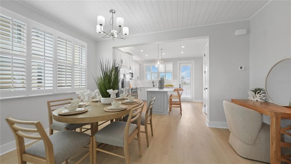 Chandelier, Dining room, Interior, Pendant Lights, Recessed Lighting, Wood Texture Flooring