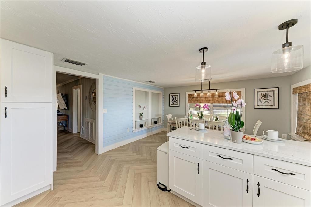 Dining room, Interior, Pendant Lights, Wood Texture Flooring