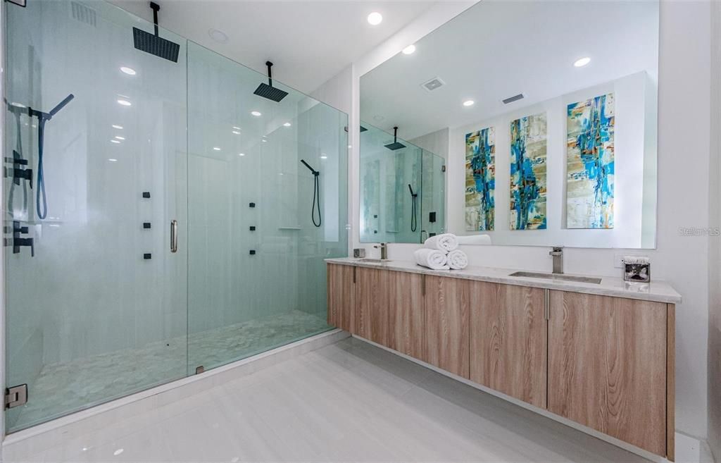 Bathroom, Dual Sink Vanities, Glass Shower, Interior, Recessed Lighting