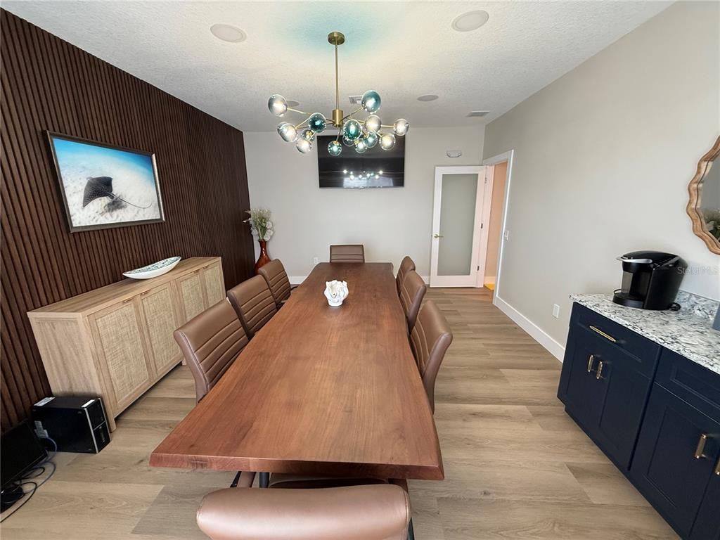 Dining room, Interior, Pendant Lights, Wood Texture Flooring