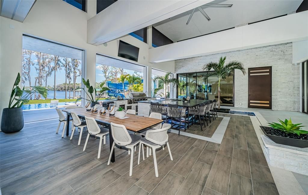 Dining room, Interior, Stone Walls, Water, Wood Texture Flooring