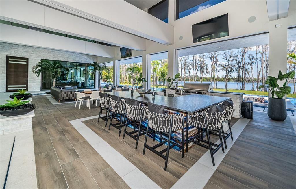 Dining room, Interior, Pendant Lights, Water, Wood Texture Flooring