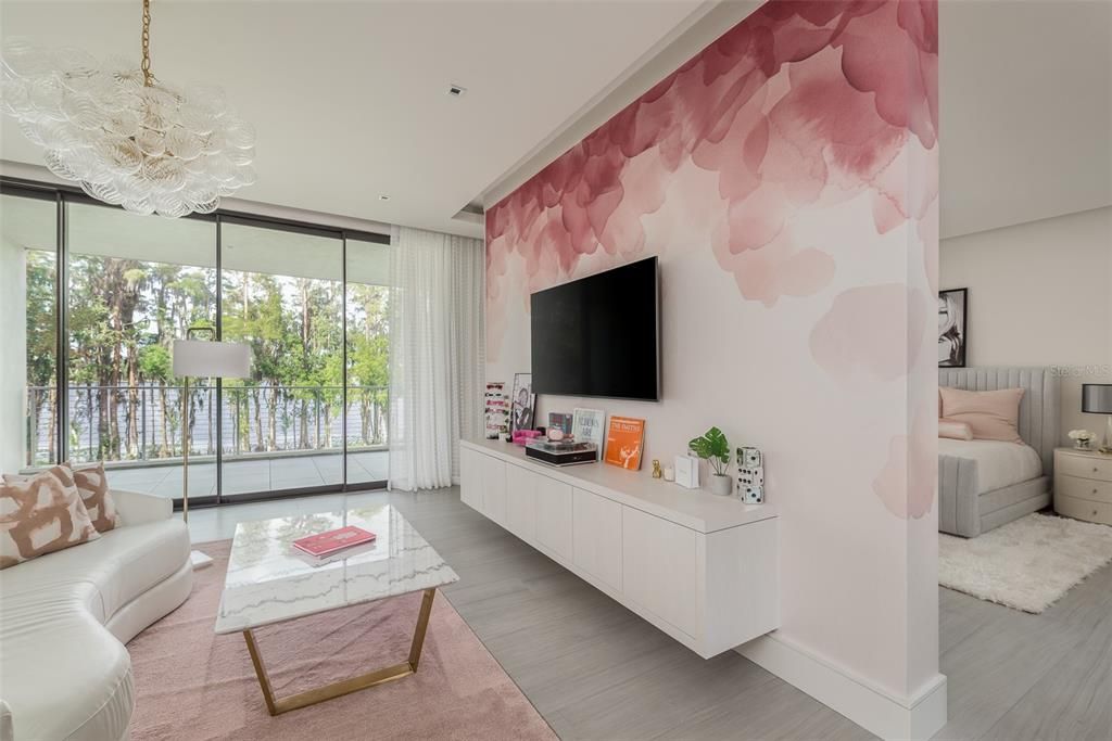 Bedroom, Chandelier, Interior, Living room, Recessed Lighting, Wood Texture Flooring