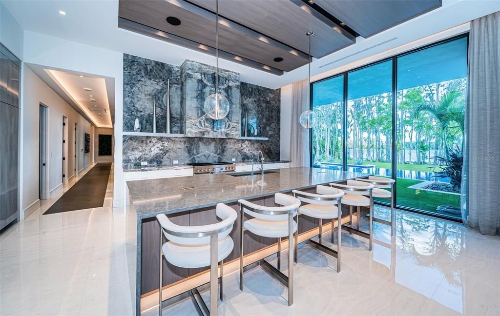 Interior, Kitchen, Marble Walls, Pendant Lights, Recessed Lighting