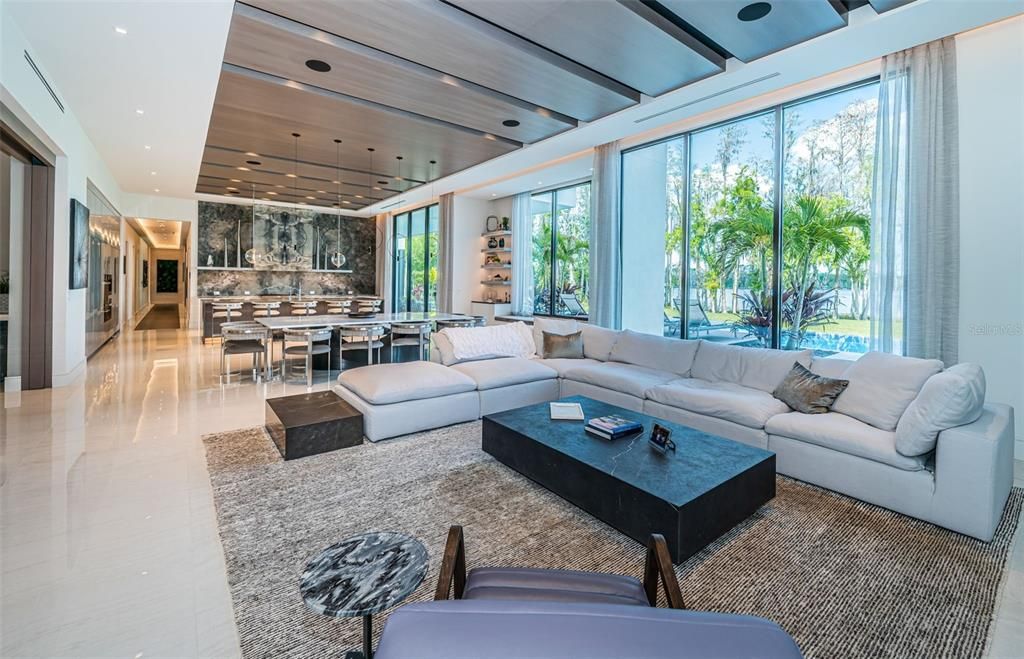 Dining room, Interior, Kitchen, Living room, Pendant Lights, Recessed Lighting, Wooden Ceilings