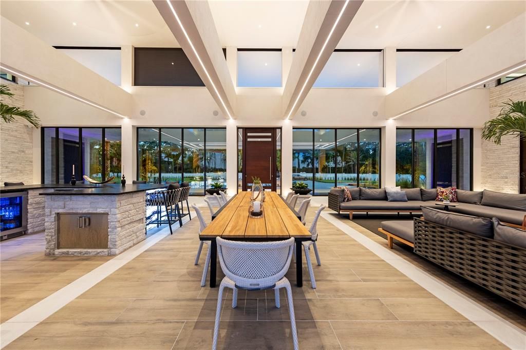 Dining room, Interior, Living room, Recessed Lighting, Stone Walls, Wood Texture Flooring