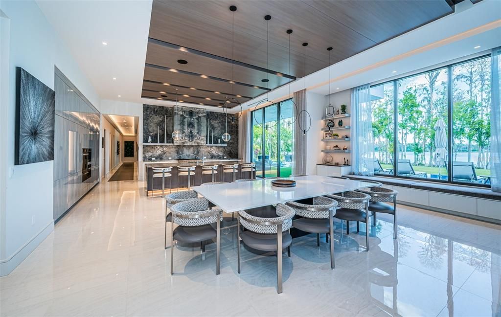 Dining room, Interior, Kitchen, Pendant Lights, Recessed Lighting, Stainless Steel Appliances, Wooden Ceilings
