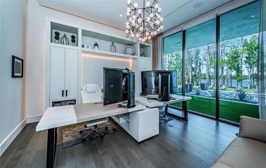 Home Office, Interior, Pendant Lights, Recessed Lighting, Wood Texture Flooring