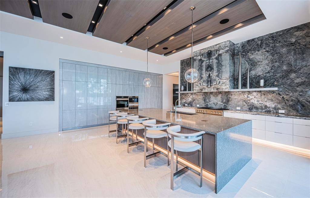 Interior, Kitchen, Marble Walls, Pendant Lights, Recessed Lighting