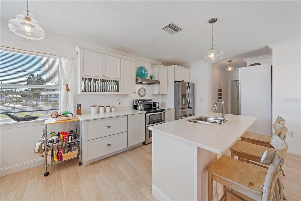 Interior, Kitchen, Pendant Lights, Stainless Steel Appliances, Wood Texture Flooring